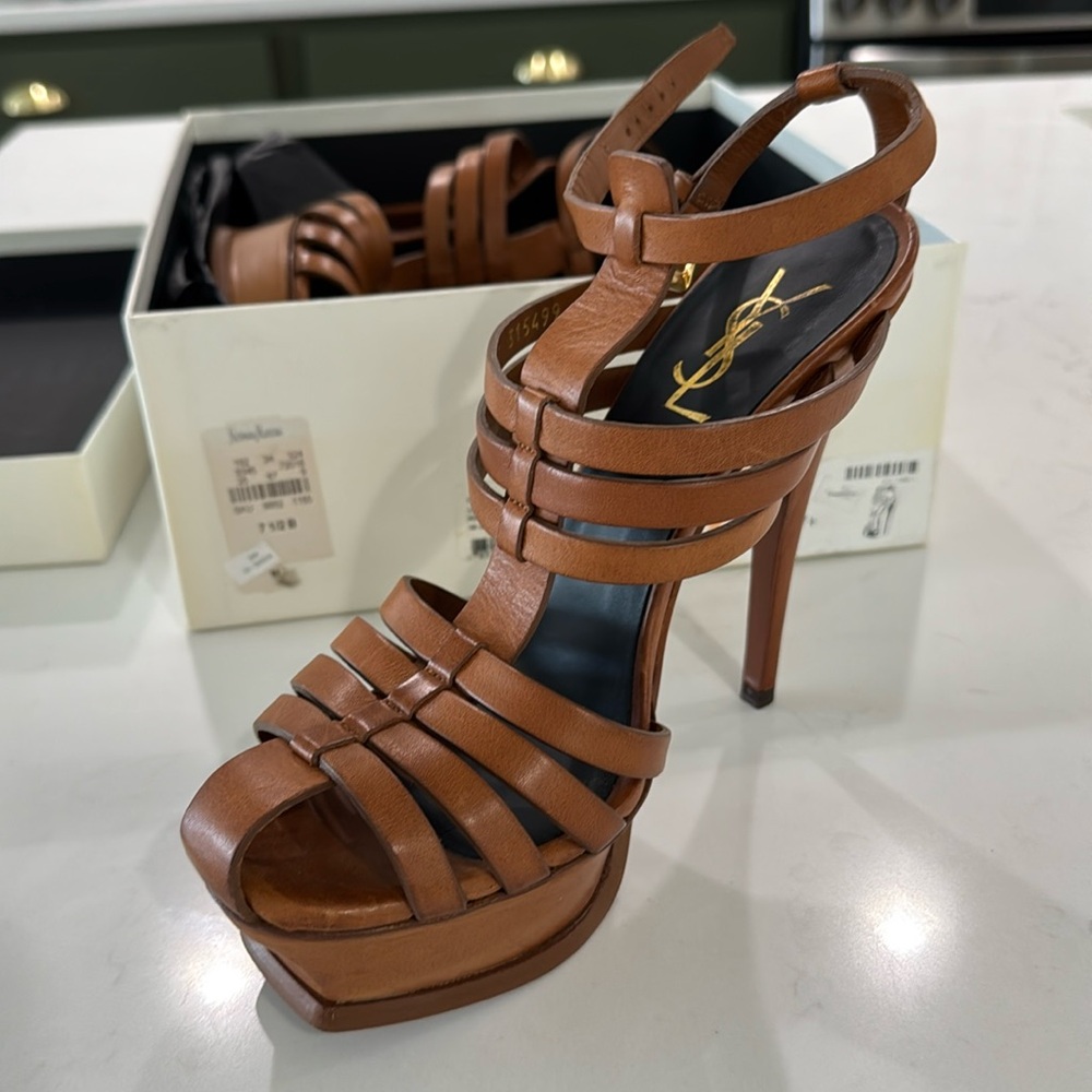 Saint Laurent YSL Ambra Calfskin Tribute Platform Woodstock Sandal